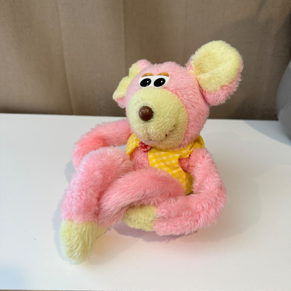 Vintage Knickerbocker Pink Yellow Plush Monkey Gingham Vest Long Limbs Retro Toy